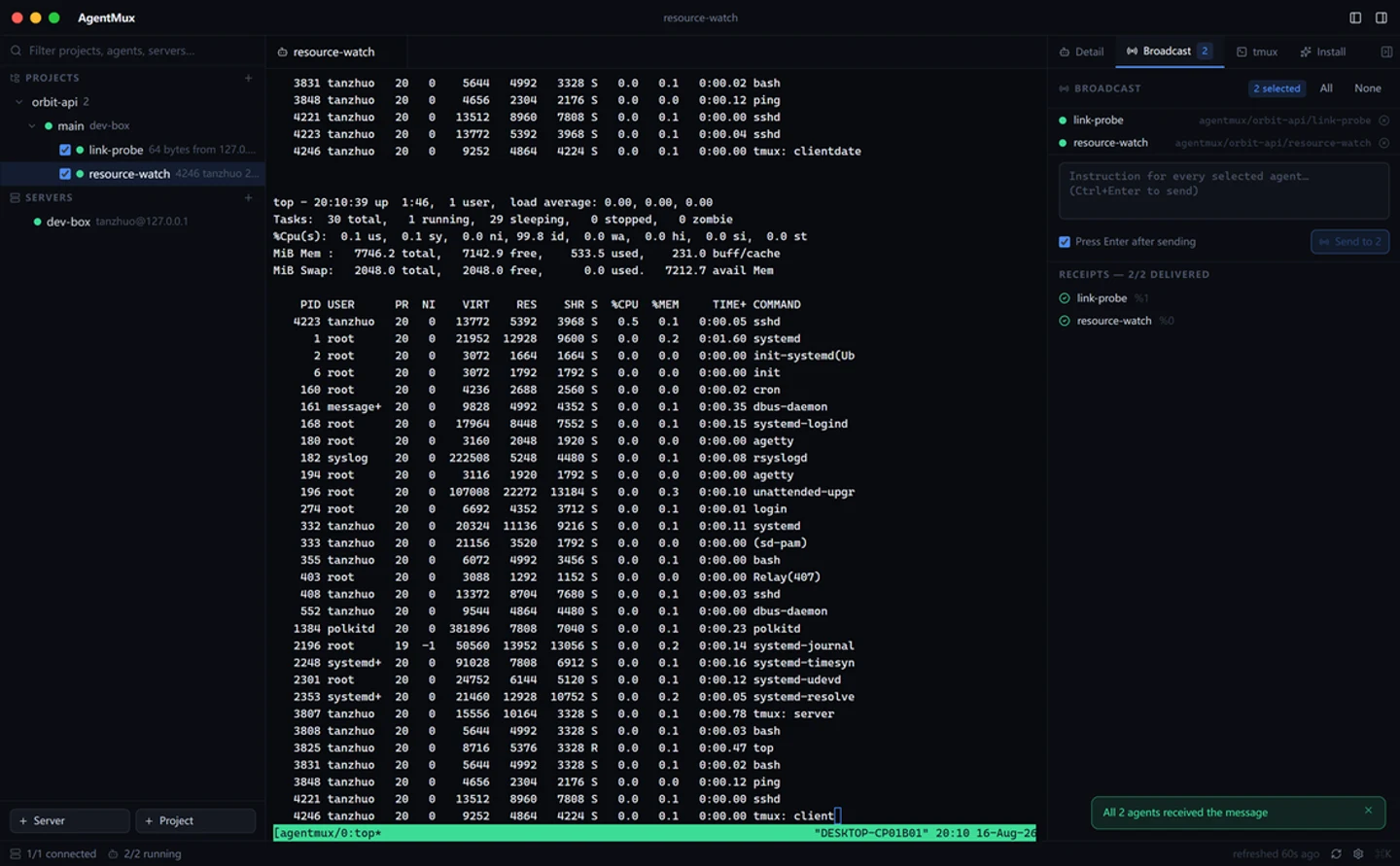AgentMux broadcast panel: one instruction, one receipt per agent